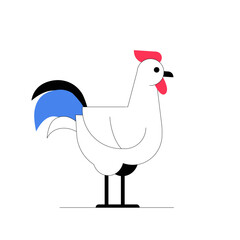 White Rooster Standing Upright In Minimalist Style In Flat Vector Illustration Symbolizing Rural Farming, Livestock, And Agriculture, Isolated On White Background.