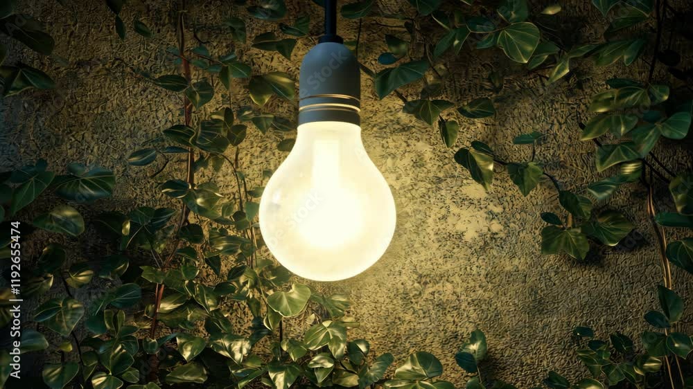 Poster glow of a bulb surrounded by greenery at dusk in a tranquil setting