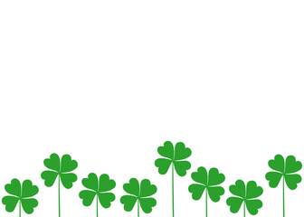Símbolo primavera. Borde de adorno. Banner con grupo de tréboles de cuatro hojas para tarjetas y felicitaciones de San Patricio