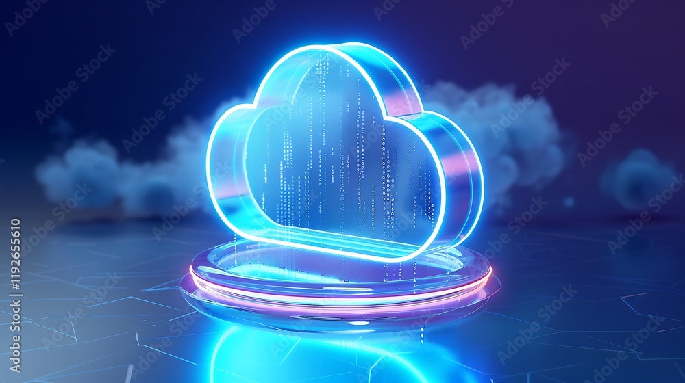 Poster futuristic glowing cloud icon with data streams representing digital storage and technology concepts