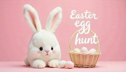 A large white Easter egg with bunny ears and paws on a pink background, Easter bunnies with easter eggs, Easter bunnies, eggs, easter celebration, banner, poster for website, template, generative ai