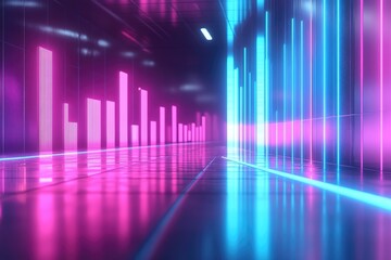 Neon lights illuminating futuristic corridor with pink and blue reflections