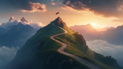 Naklejka premium A winding road ascending a steep, isolated mountain peak topped with a flag, symbolizing the challenging journey to success