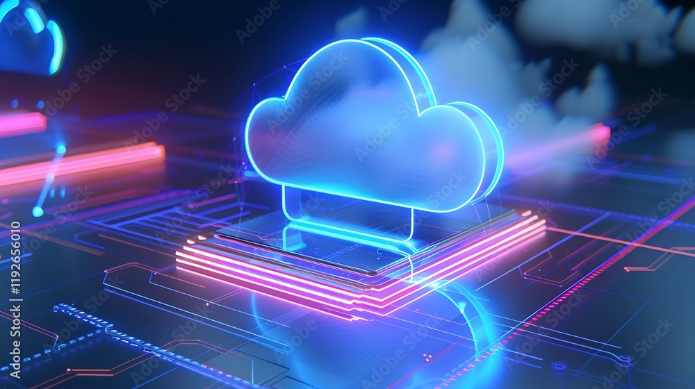 Poster futuristic neon cloud computing concept with circuit board and glowing digital elements in cyber spa