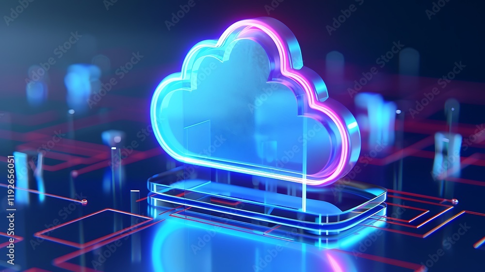 Poster futuristic neon cloud computing concept with digital circuit background and vibrant light effects