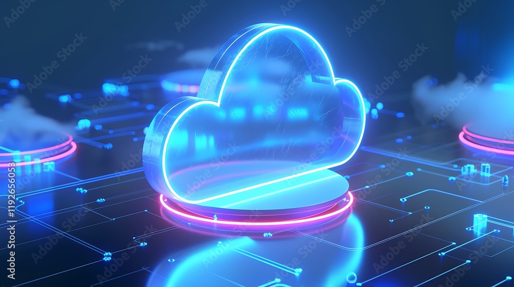 Poster futuristic neon cloud computing concept with digital circuitry and glowing elements in dark backgrou