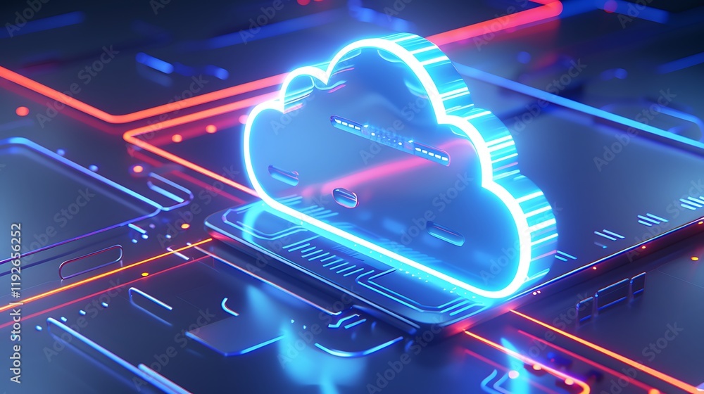 Poster futuristic neon cloud icon on a digital background with colorful circuit patterns and technology con