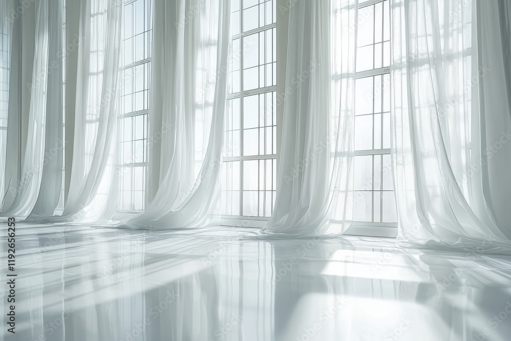 Poster sunlit room with flowing white curtains and tall windows creating soft shadows