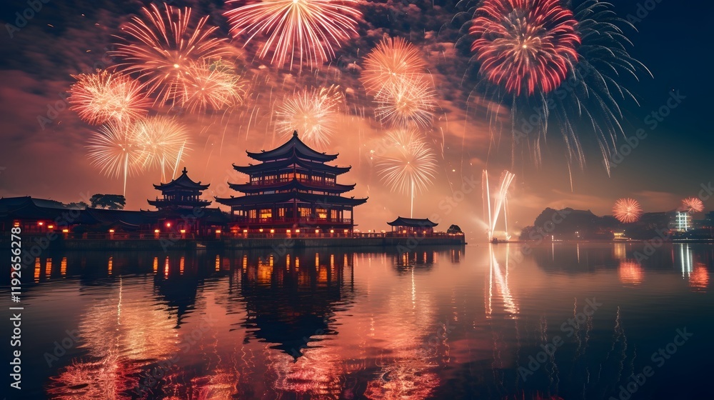 Aufkleber spectacular display of colorful fireworks exploding and lighting up the night sky in a vibrant for c