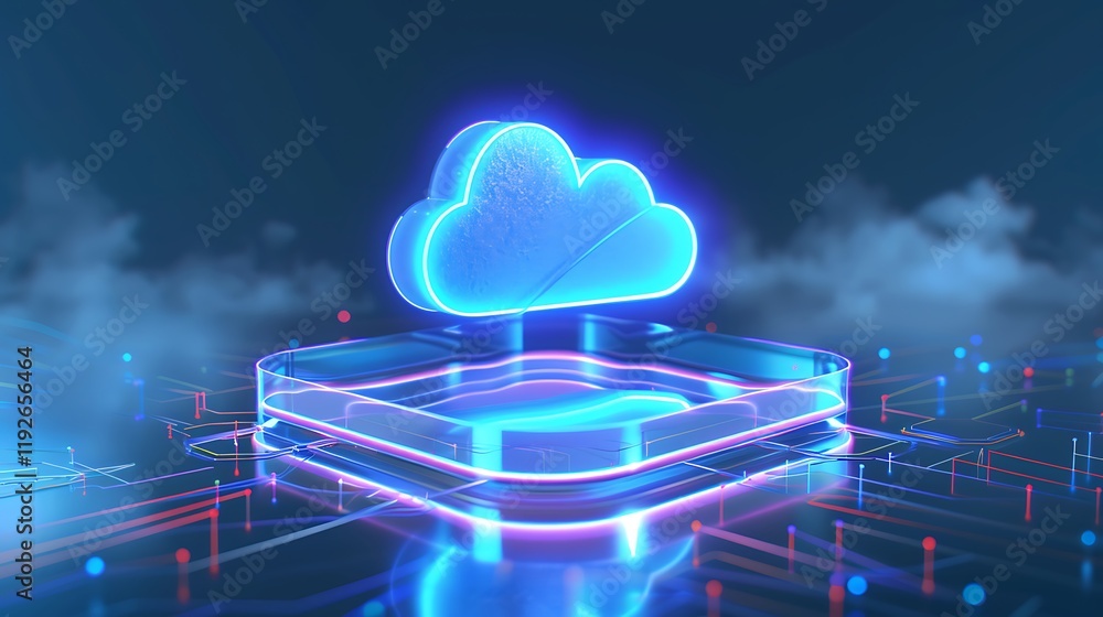 Poster futuristic neon cloud icon with digital circuits on dark background for technology and data concepts