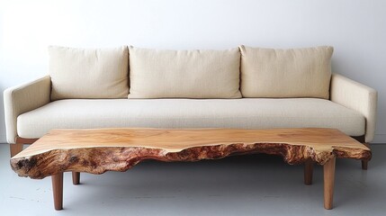 Fototapeta premium Boho, minimalist interior design of modern living room with earthy tones, featuring a neutral sofa and a rustic wooden live edge coffee table. Minimalist decor creating serene atmosphere.