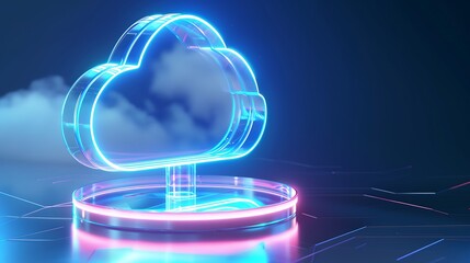 Futuristic Neon Cloud Icon with Glowing Base on Dark Background for Digital Technology Concepts