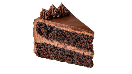 Delicious chocolate cake slice with creamy frosting isolated on transparent background.
