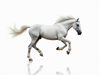A stunning white horse moves with elegance and power, showcasing its strength and beauty. The vibrant background highlights its dynamic gallop and flowing mane.
