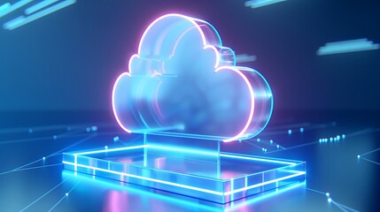 Futuristic Neon Cloud Storage Concept with Glowing Effects on a Dark Background for Technology Themes
