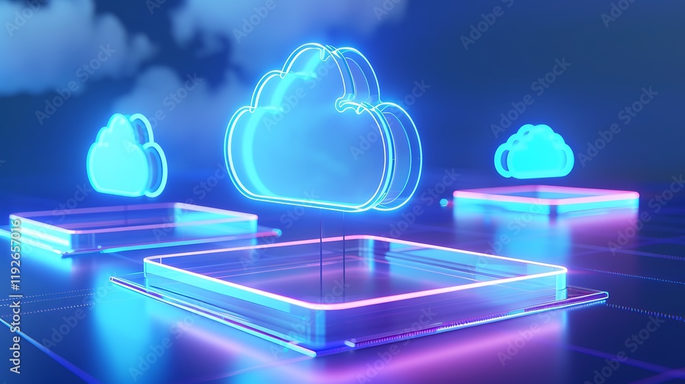 Poster futuristic neon cloud technology on platform with digital environment and abstract background