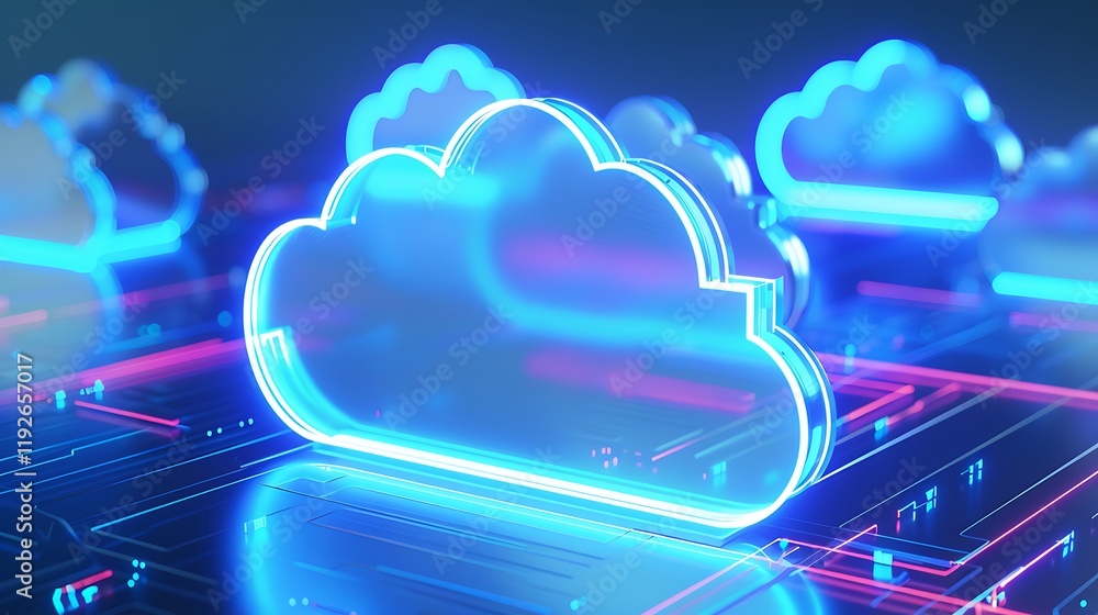 Poster futuristic neon cloud technology with digital circuit background for data and storage concepts