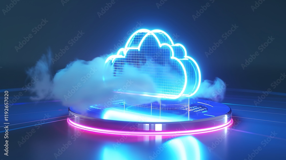 Poster futuristic neon cloud with data symbolization and soft mist on digital platform for technology conce