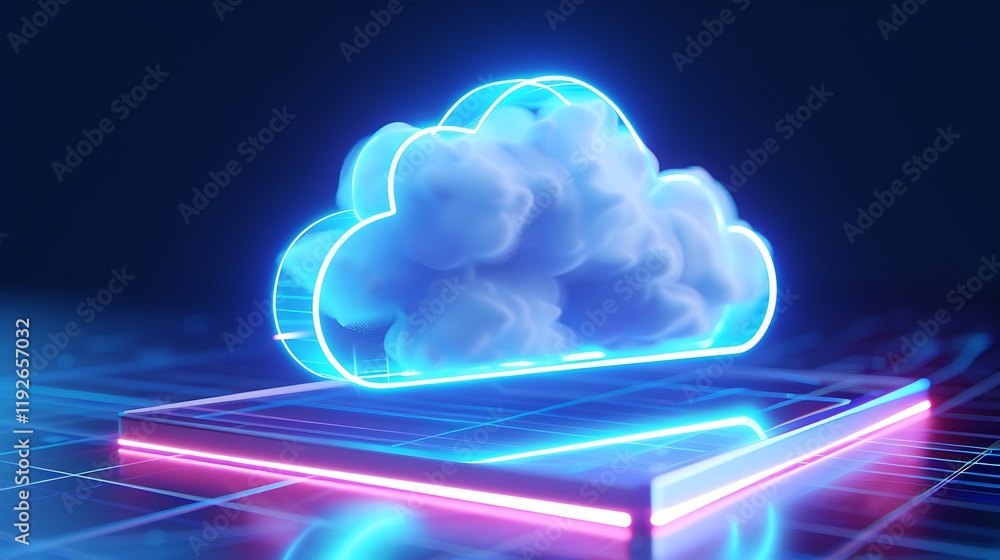 Aufkleber futuristic neon cloud with soft textures on a glossy platform in a digital environment