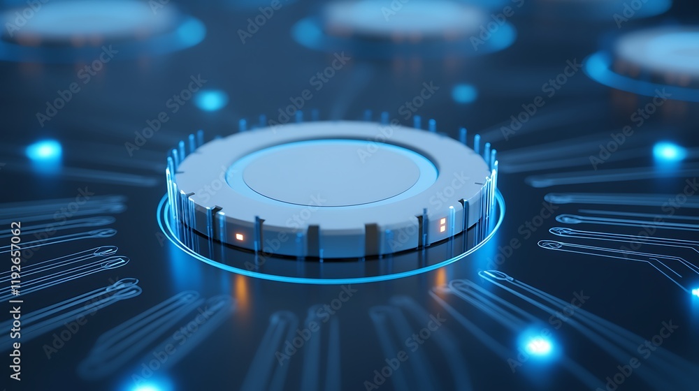 Poster futuristic tech interface with circular elements and luminescent blue lines on a dark background