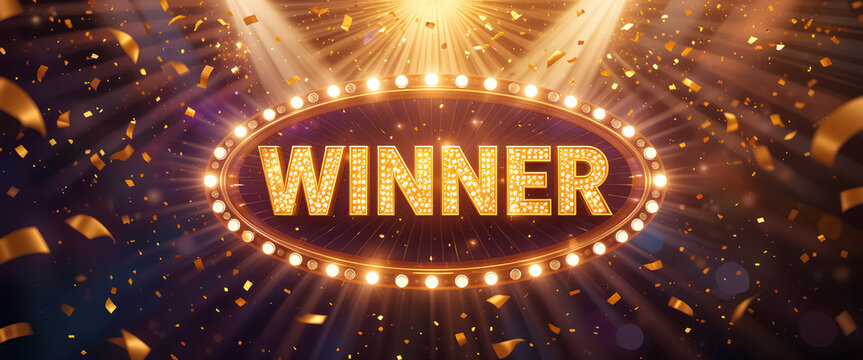 raffle winner celebration with glittering gold letters, marquee light border, golden rays, and confetti for a festive atmosphere