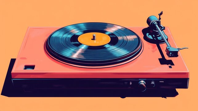 A vibrant, modern turntable with a black vinyl record and a bright orange background, showcasing retro aesthetics and a passion for vinyl music.