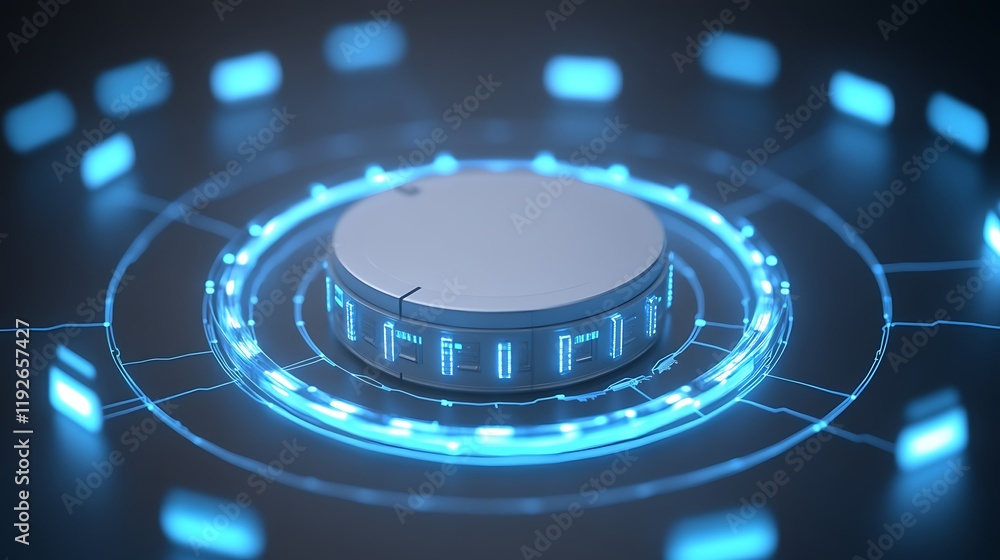 Aufkleber futuristic technology interface with circular button and glowing blue elements on dark background