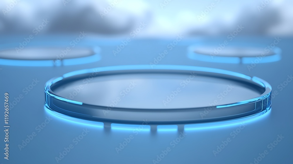 Poster futuristic transparent platform with glowing edges in an ethereal digital environment