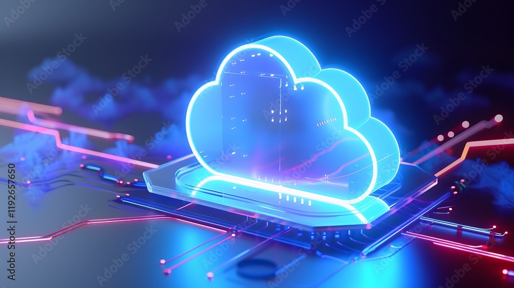 Poster glowing cloud icon with circuitry background representing digital technology and data storage soluti