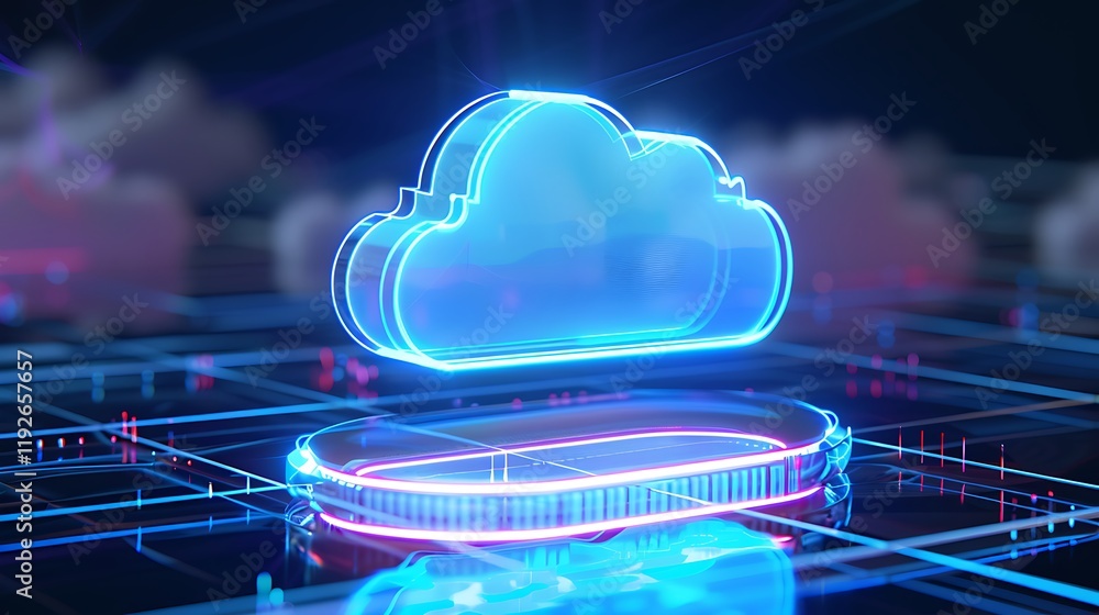 Aufkleber glowing cloud icon with digital grid and data streaming visualization in vibrant neon colors