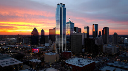A city skyline at sunset with a large building in the middle. generated using AI
