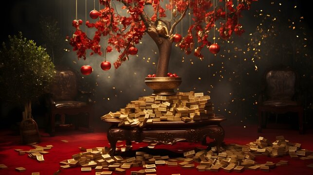 Celebratory Chinese New Year themed setup featuring golden ingots a money tree and other traditional decorative elements symbolizing wealth luck and prosperity