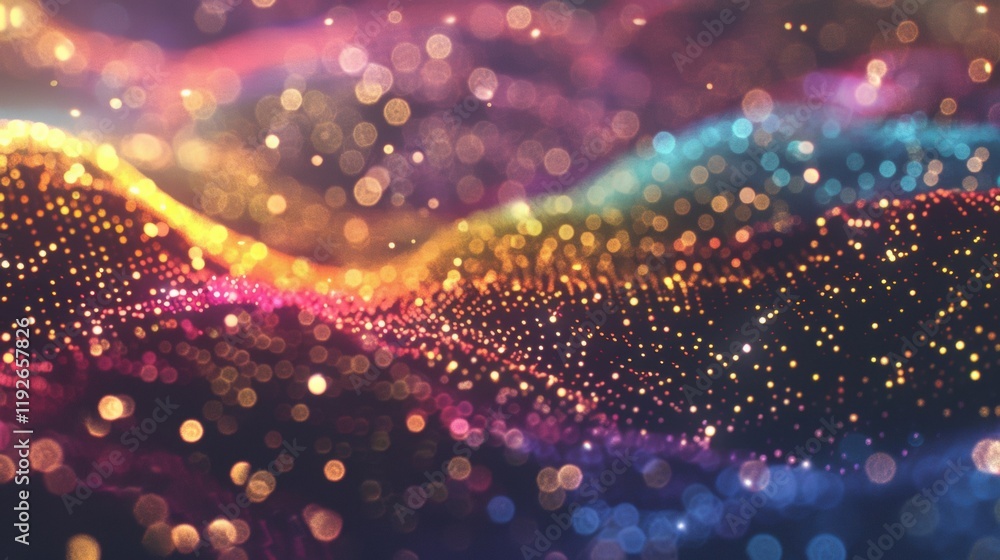 Poster colorful digital waves composed of glowing dots create a dynamic and captivating visual experience, 