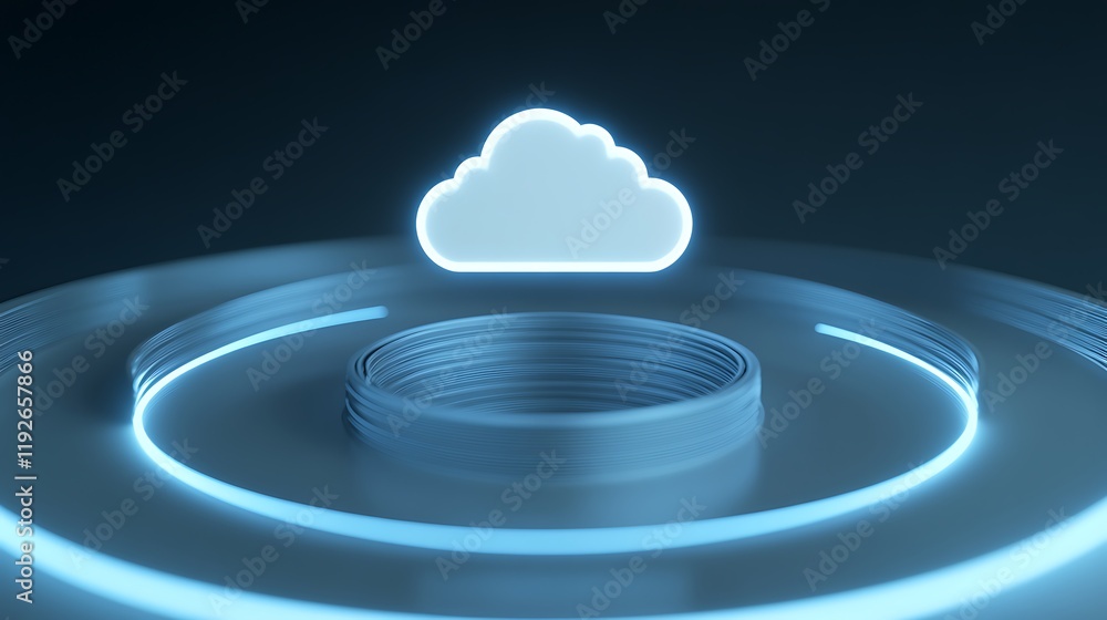 Poster glowing cloud symbol above circular base with blue light generated in dark background for technology