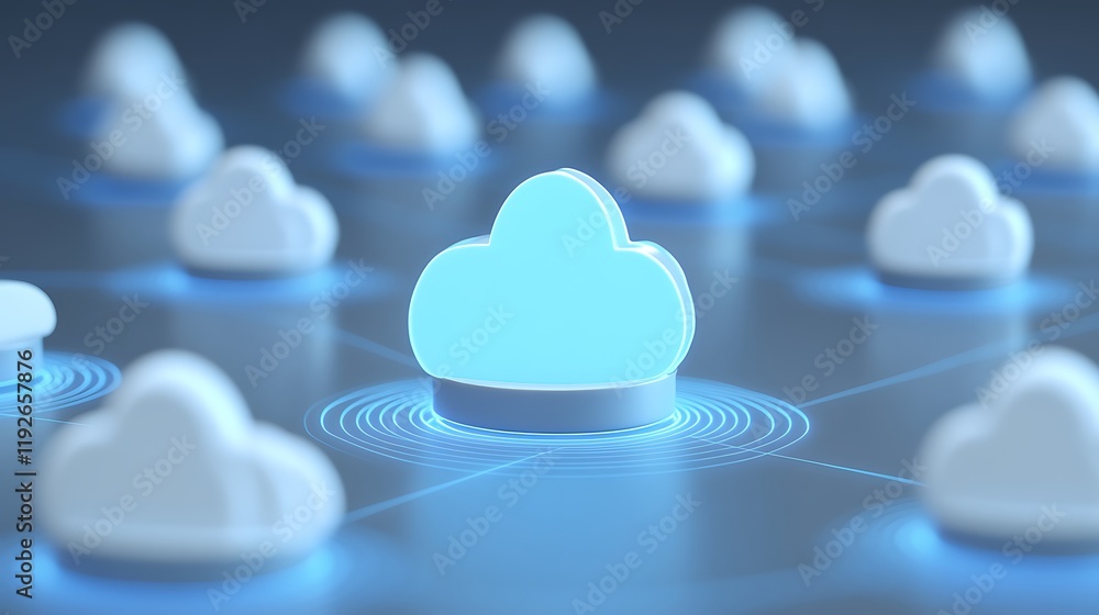 Poster glowing cloud symbol surrounded by other clouds on a digital network background for technology conce