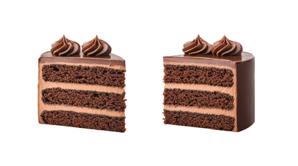 Two slices of delicious chocolate cake with chocolate frosting, isolated on transparent background.
