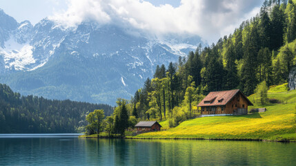 Obraz premium serene landscape featuring wooden cabin by tranquil lake, surrounded by lush greenery and majestic mountains. scene evokes sense of peace and natural beauty