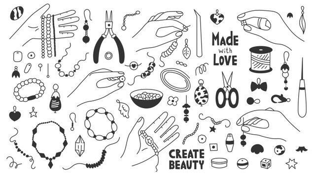 Jewelry Making and Beading Doodle Set. Handcraft outline design elements with hand holding bead charm finding supplies. Handmade bracelet equipment