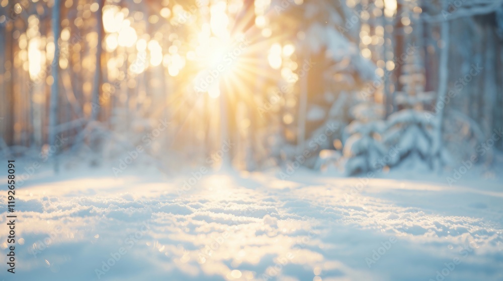Poster sunlight streams through tall trees in a snowy forest, illuminating the frost-covered ground and cre