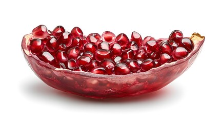 A pomegranate split open, revealing clusters of juicy, jewel-like seeds that glisten with moisture; the vibrant red hues of the seeds stand out beautifully, capturing their freshness and appeal 