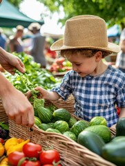 Child with Straw Hat Choosing Fresh Produce at Farmer's Market