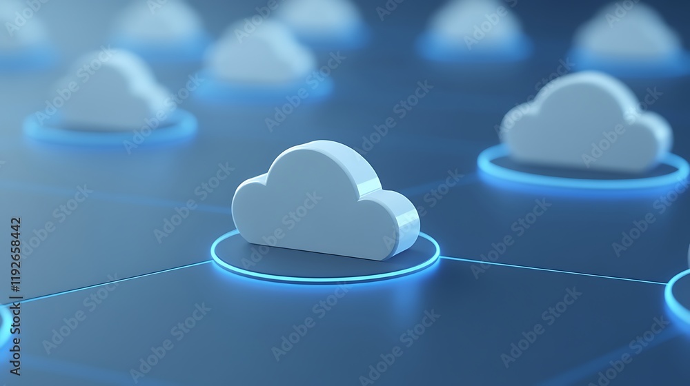 Poster minimalist cloud computing concept with stylized clouds on blue background for technology and innova