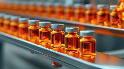 Fototapeta premium Long conveyor with identical medicine bottles, symbolizing the mass production of pharmaceuticals in a cutting-edge facility