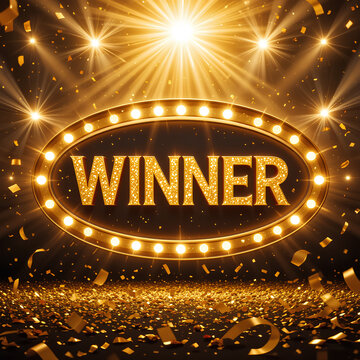 raffle winner celebration with glittering gold letters, marquee light border, golden rays, and confetti for a festive atmosphere