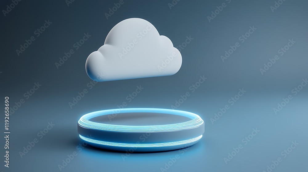 Poster minimalist floating cloud above circular platform with elegant neon glow on calm blue background