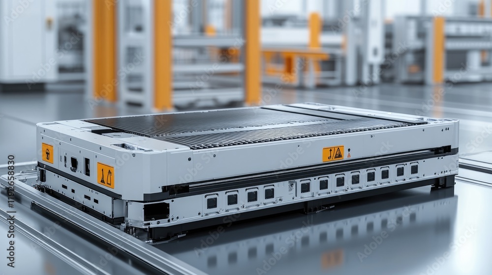 Aufkleber Automated guided vehicle moving through smart factory: modern automation in industry 4.0
