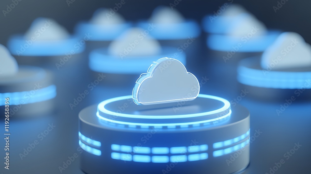 Poster modern cloud computing concept illustration with glowing elements in a futuristic design style