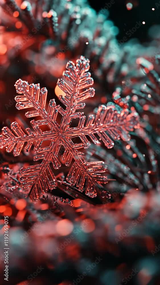Poster Snowflake resting on pine needles glistening with frost during winter's embrace in a close-up view