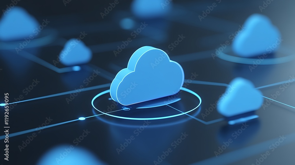 Poster modern cloud computing concept with 3d clouds and digital connections on dark background