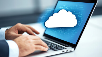 Modern IT environment showing hands on a laptop and blue digital overlays, highlighting cloud computing and real-time data processing